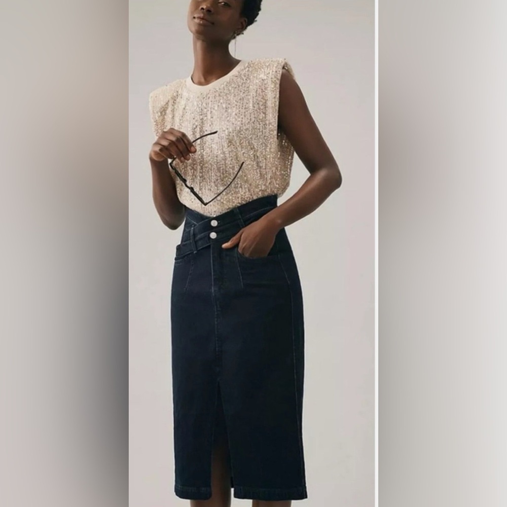 Anthro Pilcro Letterpress Asymmetrical Double Waist Denim Skirt Size 0 NWT - Picture 2 of 5